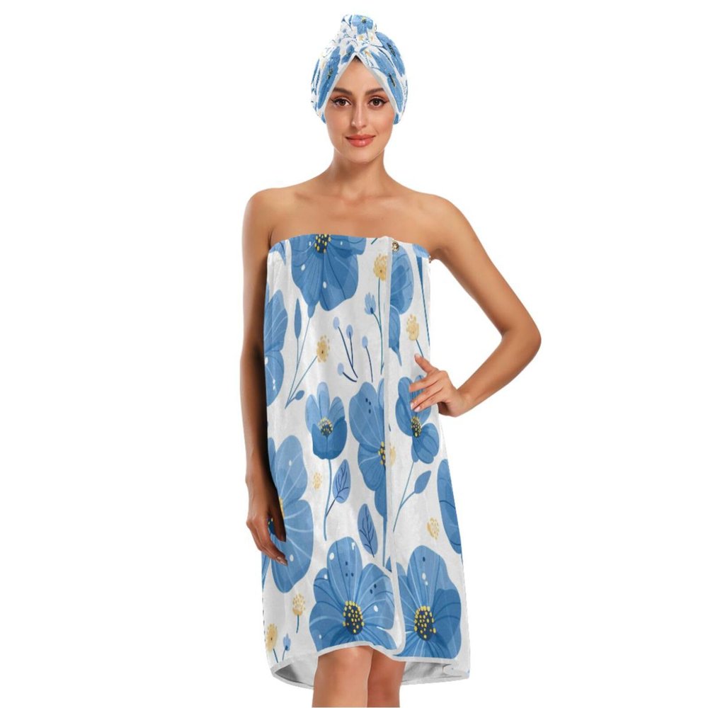 Bulletgxll Blue Flowers Women's Shower Wrap Towel Set of 3 Adjustable Spa Body Wrap Super Absorbent Bathrobe with Hair Towel & Headband