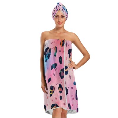 Bulletgxll Leopard Print Women's Shower Wrap Towel Set of 3 Adjustable Spa Body Wrap Super Absorbent Bathrobe with Hair Towel & Headband