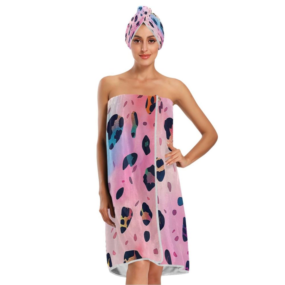Bulletgxll Leopard Print Women's Shower Wrap Towel Set of 3 Adjustable Spa Body Wrap Super Absorbent Bathrobe with Hair Towel & Headband