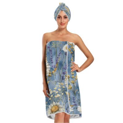 Bulletgxll Watercolor Wildflowers Women's Shower Wrap Towel Set of 3 Adjustable Spa Body Wrap Super Absorbent Bathrobe with Hair Towel & Headband