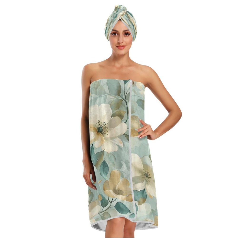 Bulletgxll Watercolor Flowers Women's Shower Wrap Towel Set of 3 Adjustable Spa Body Wrap Super Absorbent Bathrobe with Hair Towel & Headband