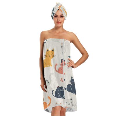 Bulletgxll Cartoon Cats Women's Shower Wrap Towel Set of 3 Adjustable Spa Body Wrap Super Absorbent Bathrobe with Hair Towel & Headband