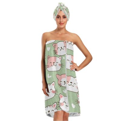 Bulletgxll Cute Cartoon Cat Women's Shower Wrap Towel Set of 3 Adjustable Spa Body Wrap Super Absorbent Bathrobe with Hair Towel & Headband