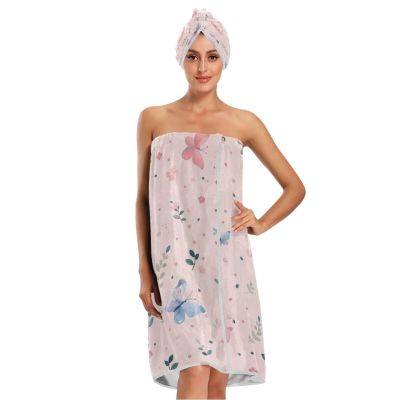 Bulletgxll Floral and Butterflies Women's Shower Wrap Towel Set of 3 Adjustable Spa Body Wrap Super Absorbent Bathrobe with Hair Towel & Headband