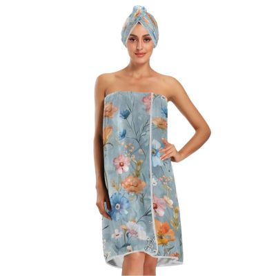 Bulletgxll Watercolor Floral Women's Shower Wrap Towel Set of 3 Adjustable Spa Body Wrap Super Absorbent Bathrobe with Hair Towel & Headband