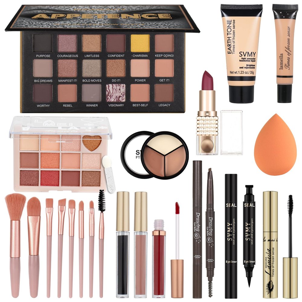 All in One Makeup Kit for Teen Girls - Gift Set with Eyeshadow, Lipsticks, Eyebrow Pencil & Cosmetic Brush