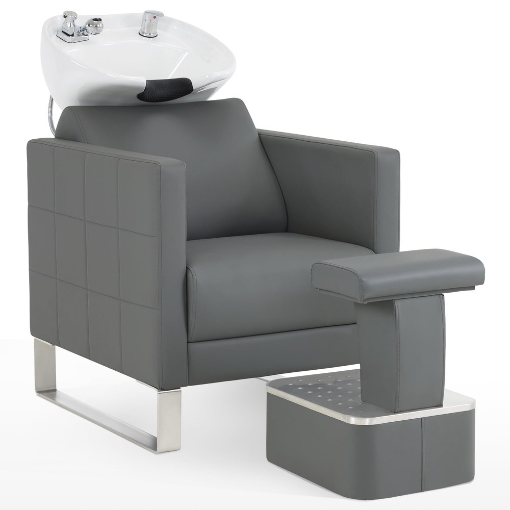 BarberPub Backwash Shampoo Ceramic Bowl and Chair Set for Salon for Hair Stylist, Adjustable Hair Wash Bowl Unit Station for Spa Beauty Salon Barbershop 9093 (Grey)