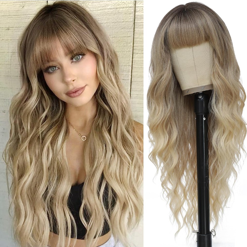 MINSEEYOO Ombre Blonde Wig with Bangs for Women Long Ombre Blonde Wavy Wigs 26 Inch Blonde Wigs Natural Looking Heat Resistant Synthetic Wig for Daily Party Use