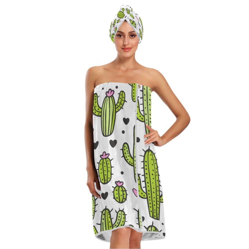 Bulletgxll Cactus Pattern Women's Shower Wrap Towel Set of 3 Adjustable Spa Body Wrap Super Absorbent Bathrobe with Hair Towel & Headband