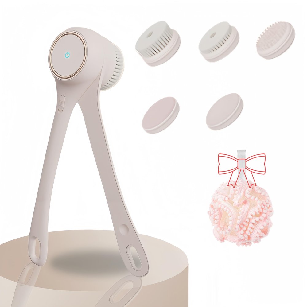 Aimery Dual Handle Electric Bath Brush, IPX7 Waterproof Body Scrubber for Exfoliating & Massage, Rotating Shower Back Brush with 5 Heads, Deep Clean Skin Care Tool for Shower - Green & Beige (Beige)