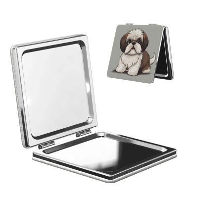 STVYUKL Mini Folding Compact Mirror Pocket Travel Makeup Mirror with 2 X 1x Magnification Shih Tzu Dog Portable Folding Small Pocket Mirror for Women Handbag Purse Square