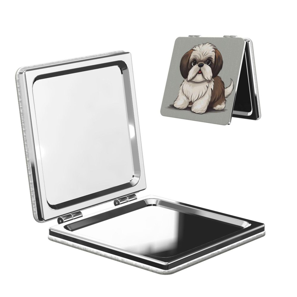 STVYUKL Mini Folding Compact Mirror Pocket Travel Makeup Mirror with 2 X 1x Magnification Shih Tzu Dog Portable Folding Small Pocket Mirror for Women Handbag Purse Square