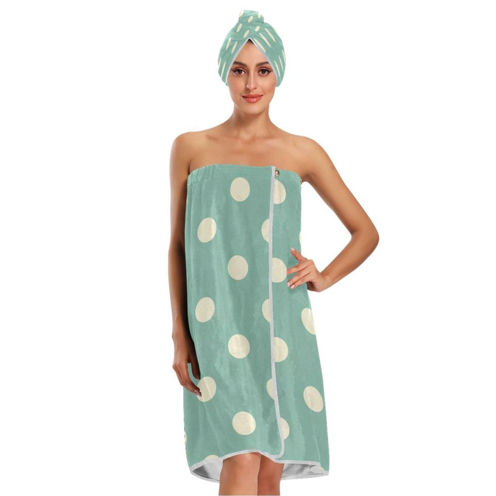 Bulletgxll White Polka Dots Women's Shower Wrap Towel Set of 3 Adjustable Spa Body Wrap Super Absorbent Bathrobe with Hair Towel & Headband