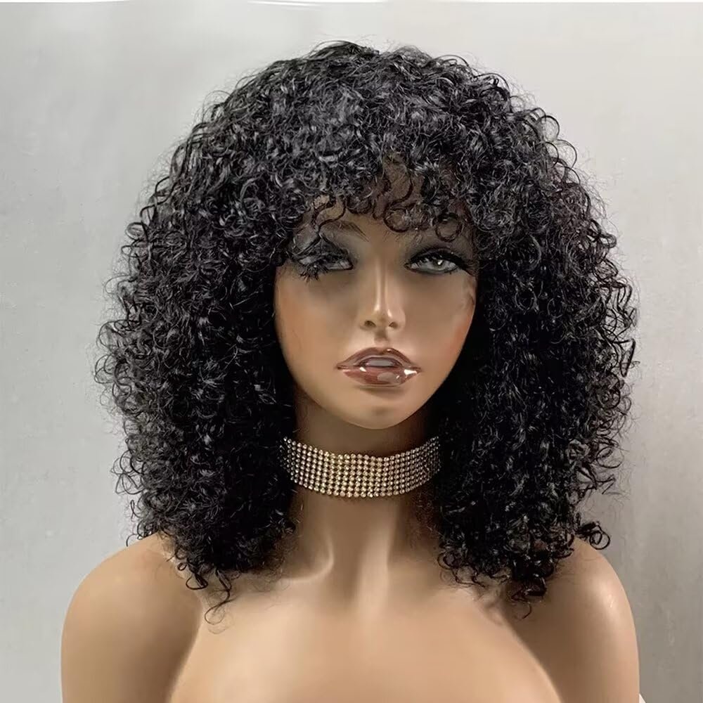 oulaer Curly Bob Wig with Bangs Human Hair Wig Natural Color Short Bob Brazilian Hair 13x4 HD Transparent Lace Front Wigs Pre Plucked Cut Bob Bangs Remy Human Hair Wig 150% Density 12inch