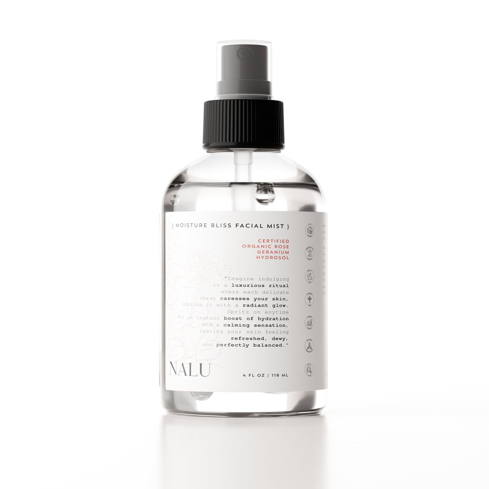 NALU Organic Moisture Bliss Facial Mist. Purest Rose Geranium Hydrosol. Burst of Hydration. Soothes, Refreshes & Balances Your Complexion. All Skin Type, 4 Fl Oz.