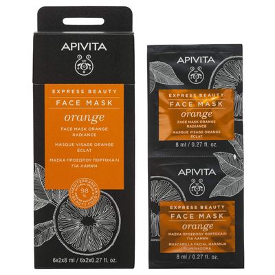 APIVITA Express Beauty Orange Face Mask | Radiance & Smoothing with Orange Stem Cells for All Skin Types, (12 x 8 mL / 12 x 0.27 oz), 12 masks