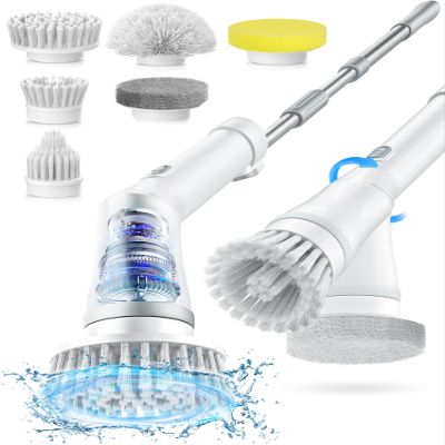 Electric Spin Scrubber, Cordless Cleaning Brush 6 Replaceable Brush Heads, 2H Power Dual Speed, Shower Scrubber with IPX7 Waterproof Extension Handle for Bathroom Tub Tile Floor Car, A-YA-1