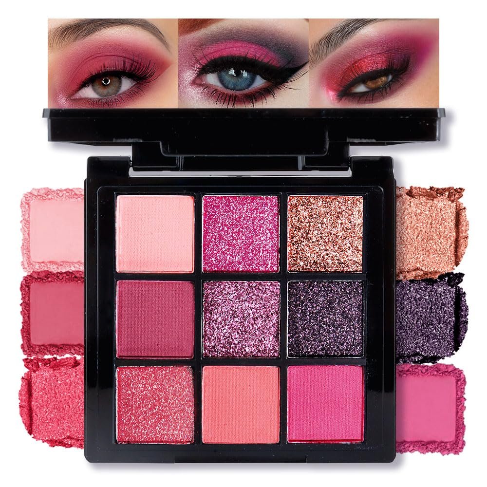 AMY'S DIARY Matte Shimmer Light Deep Red Eye Shadow Palette Makeup,Eyeshadow Long Lasting Waterproof Cruelty-Free, 9 Blendable Shades in Smooth Finishes with Gorgeous Pearls for Girls (Red)