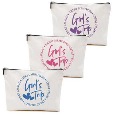 3Pcs Girls Trip Gifts Favors, 2025 Girls Weekend Gifts Funny Makeup Bag, Bestie Gifts Weekend Bag Vacation Cosmetic Bag, Friendship Gifts for Women Bestie BFF, Graduation Wedding Gifts Toiletry Bag