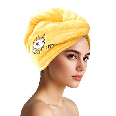 AGKXHDEC Double Layer Microfiber Towel, Hair Turbans for Wet Hair, Drying Hair Wrap for Women(The Color of The Picture is for Reference only) (Yellow with bee)