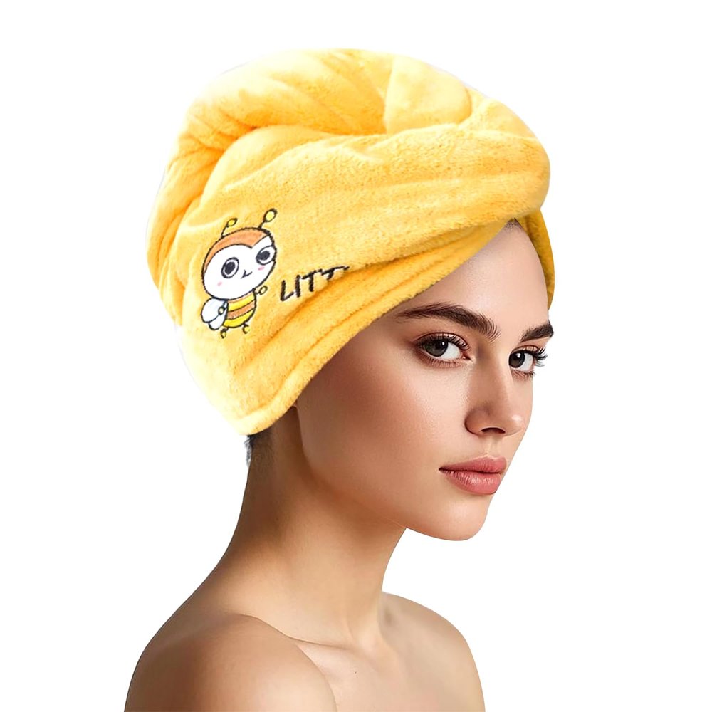 AGKXHDEC Double Layer Microfiber Towel, Hair Turbans for Wet Hair, Drying Hair Wrap for Women(The Color of The Picture is for Reference only) (Yellow with bee)