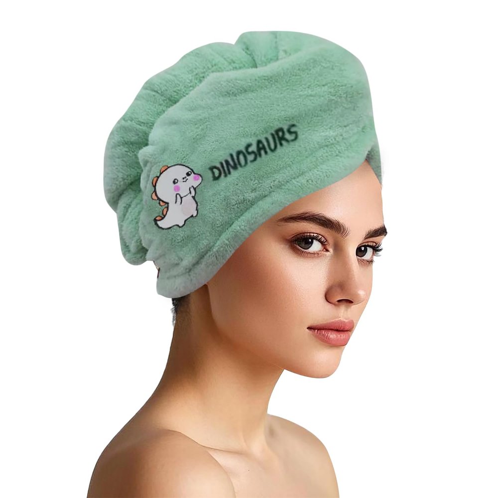 AGKXHDEC 1 Pack Double Layer Microfiber Hair Towel, Hair Turbans for Wet Hair, Light Green with Bear