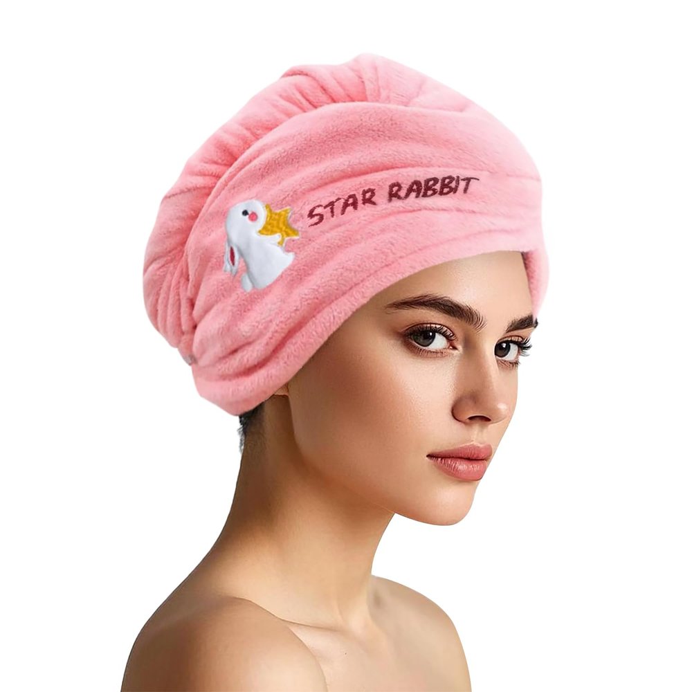 AGKXHDEC 1 Pack Double Layer Microfiber Hair Towel, Hair Turbans for Wet HairPink with Rabbit