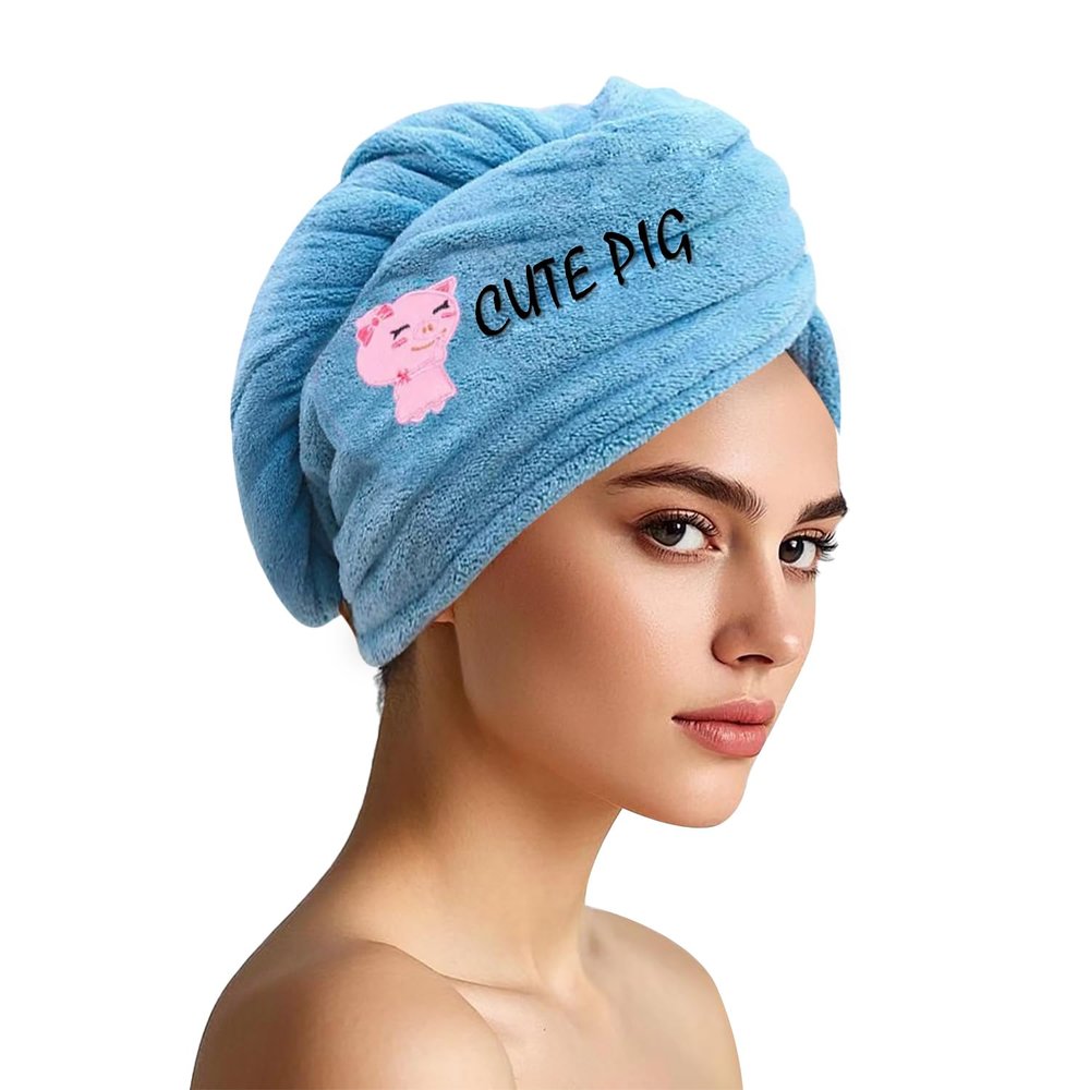 AGKXHDEC Double Layer Microfiber Towel, Hair Turbans for Wet Hair, Drying Hair Wrap for Women(The Color of The Picture is for Reference only) (Dark Blue with Cute Pig)