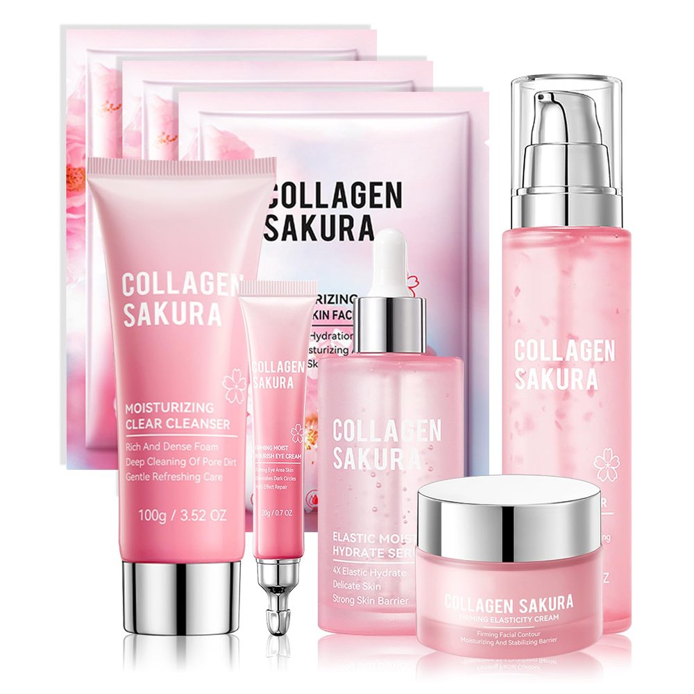 8PCS Skin Care Set, Moisturizing Cherry Blossom Facial Skin Care Kit, Hydrating Skincare Set for Women, Travel Facial Care Kits with Face Masks, Eye Cream, Cleansing Lotion, Serum, Face Cream,Toner