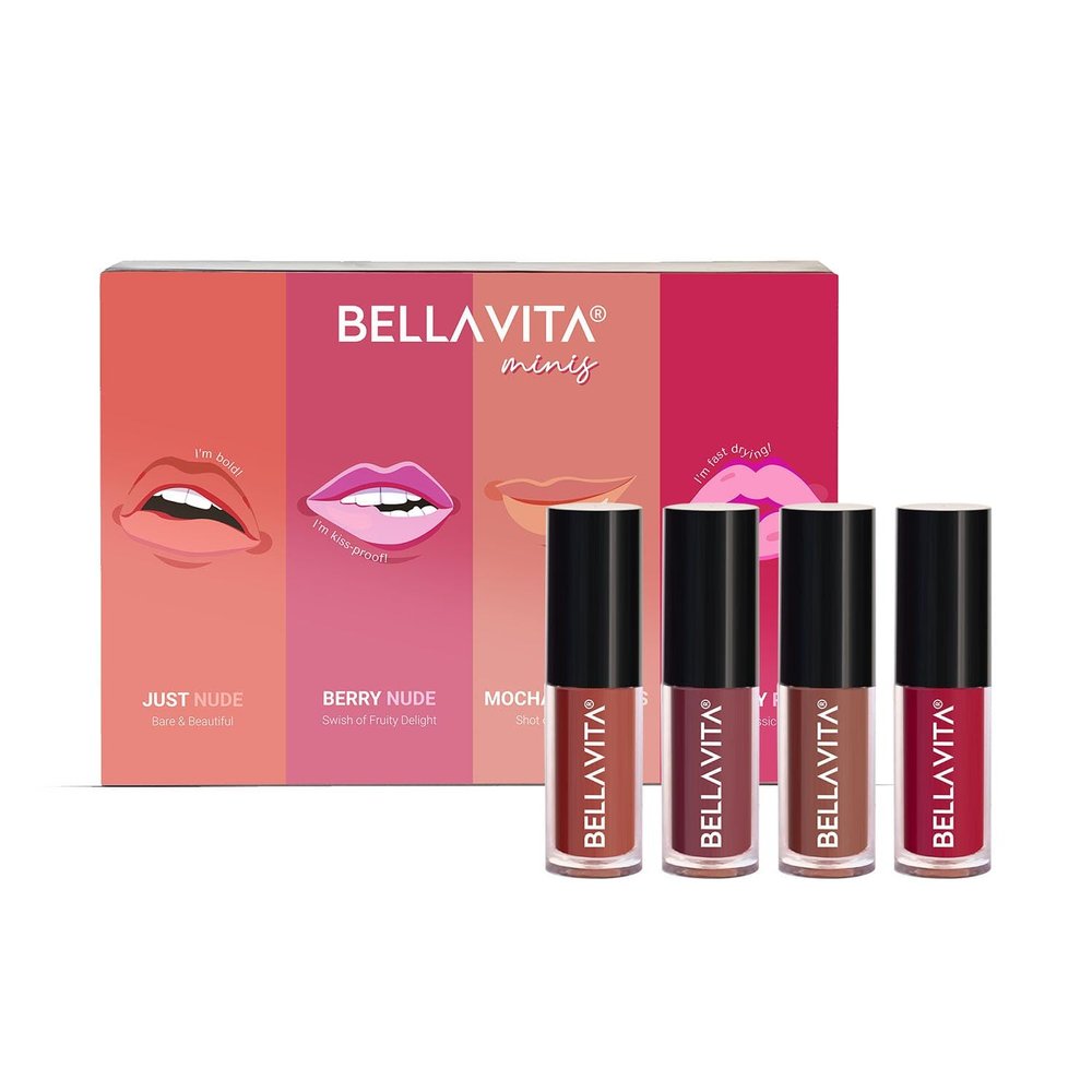 B...EL.. LA VI.,..T.A Mini Kiss Proof Liquid Lipsticks Set of 4|Gift Box Smudge & Transfer-Proof | Just Nude + Berry Nude + Mocha Madness + Cherry Pop | Lipsticks for Women | 2 ml each