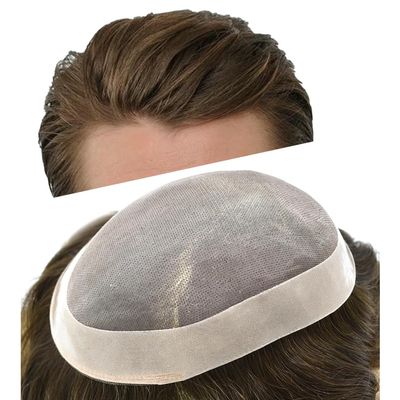 Human Hairpiece Fine Mono Mens Toupee French Lace Front Hair System For Men Poly Skin Around Hand Tied Hair Unit 8"X10" #610 Light Brown with 10%gray hair-120% Medium Light to Medium Density