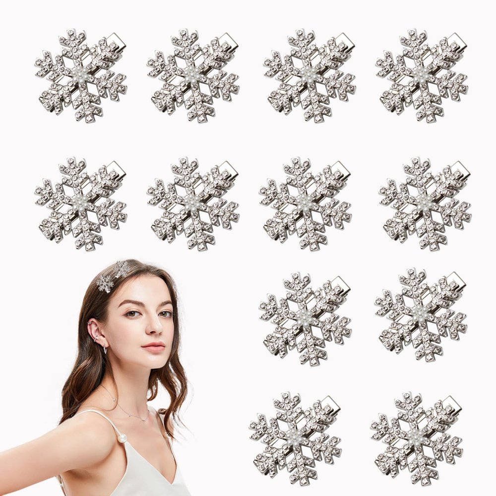 12 Pcs Snowflake Hair Clips, Christmas Sparkly Hair Clips, Rhinestone Pearl Hair Clip, Snowflake Hair Accessories, Small Silver Metal Hair Barrettes for Women Girls