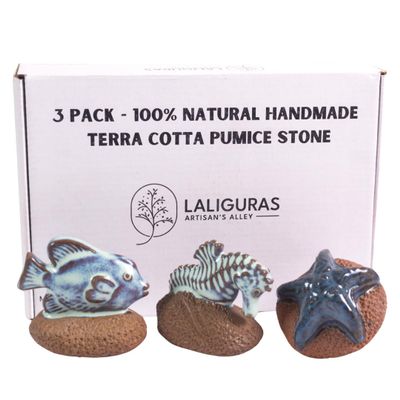Laliguras Pumice Stone for Feet - Handcrafted 100% Natural Terracotta Foot Scrubber for Corn, Callus, Dry Dead Skin Removal - Exfoliating Rock for Feet/Hands - Relaxing Foot Care Tool (3 Pack - Sea)