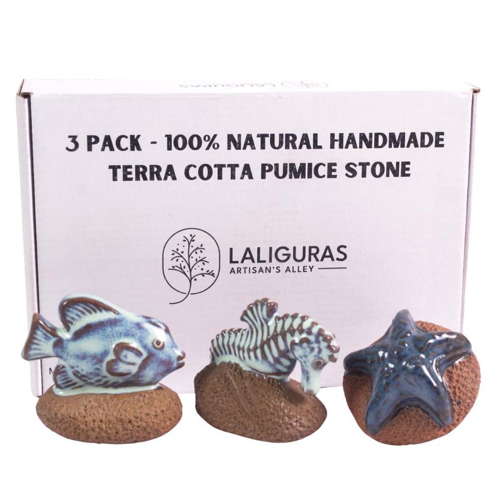 Laliguras Pumice Stone for Feet - Handcrafted 100% Natural Terracotta Foot Scrubber for Corn, Callus, Dry Dead Skin Removal - Exfoliating Rock for Feet/Hands - Relaxing Foot Care Tool (3 Pack - Sea)