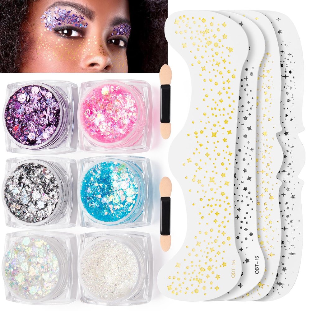 6 Shapes Body Glitter Gel and 4PCS Glitter Face Speckles for Halloween Raves Festivals Makeup