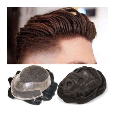 Men's Wigs Bun Hair for Men Men's Toupee Human Hair Prosthesis French Lace Front and Top with PU Thin Skin Perimeter Men Toupee Dark Brown Natural Indian Hair Replacement System Unit Mens Wig Toupee f