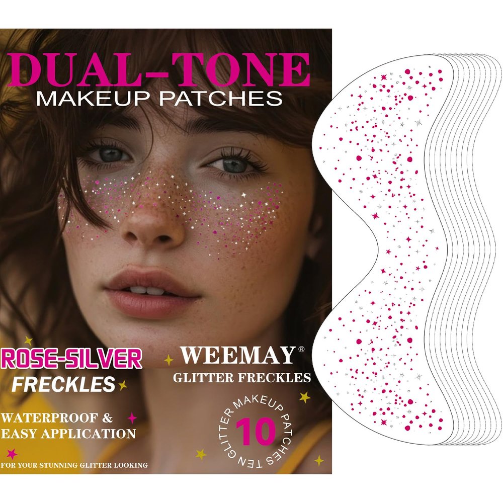 10 Pcs Rose-Silver Laser Glitter Freckles, Rose and Silver Glitter Freckles Face Tattoo, Waterproof Face Sparkle Freckles, Long-lasting 48h Temporary Tattoos for Women