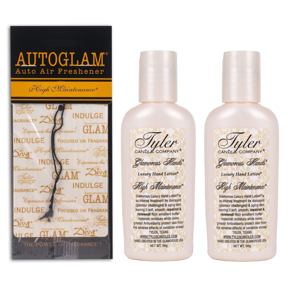 Elanze Designs Tyler Candle HIGH MAINTENANCE 2 Ounce Hand Lotion and Autoglam Air Freshener Bundle; set of 3