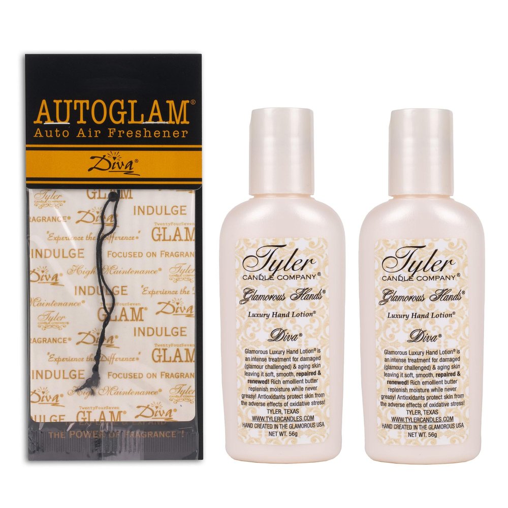 Elanze Designs Tyler Candle DIVA 2 Ounce Hand Lotion and Autoglam Air Freshener Bundle; set of 3