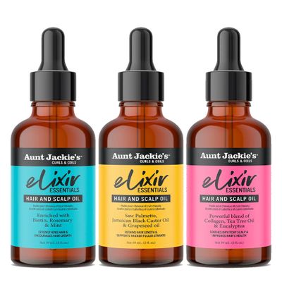 Aunt Jackies Curls & Coils Elixirs Essentials Hair & Scalp Oils Collection  Biotin, Rosemary & Mint; Collagen, Tea Tree & Eucalyptus; Saw Palmetto, Jamaican Black Castor & Grapeseed Oils (3 Products