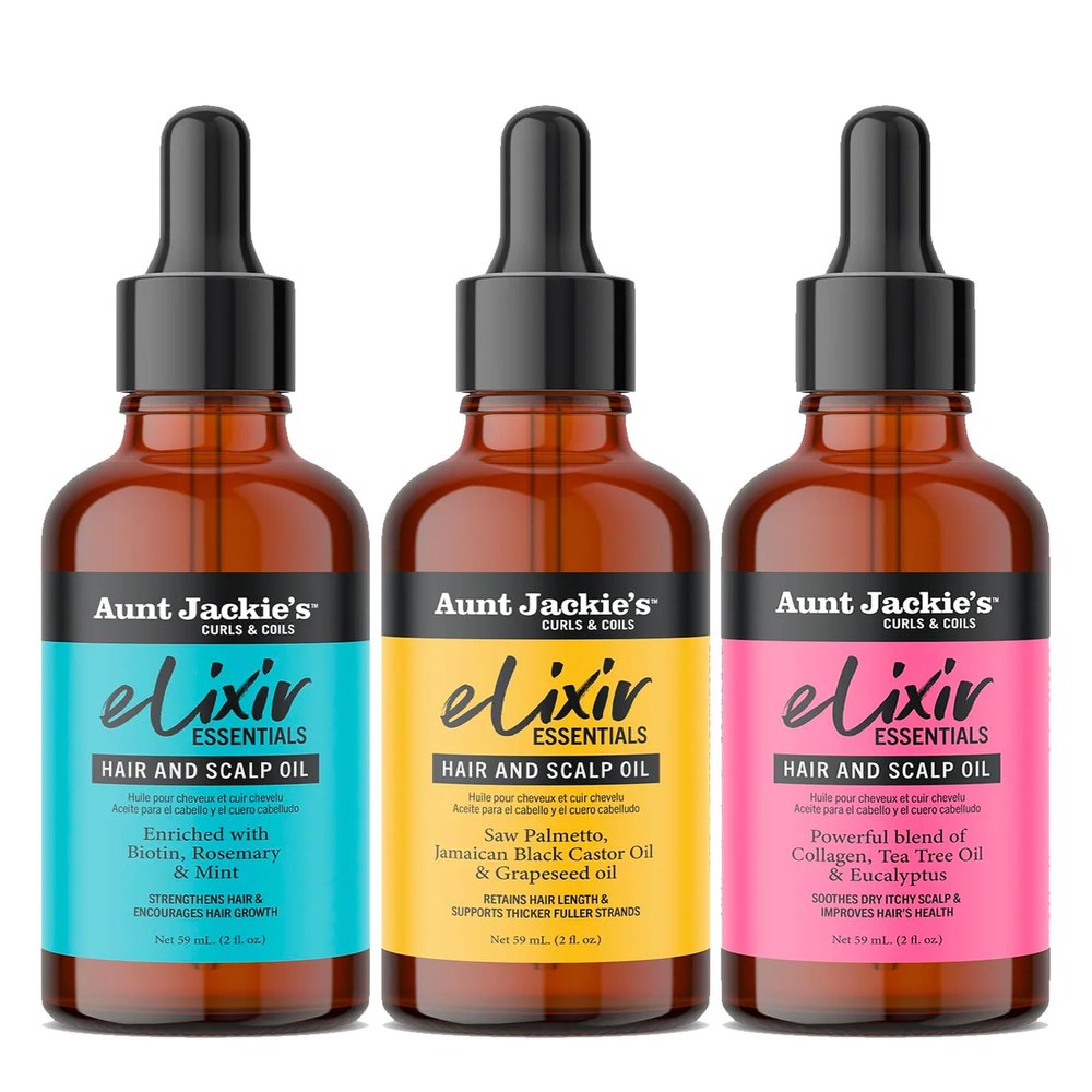 Aunt Jackies Curls & Coils Elixirs Essentials Hair & Scalp Oils Collection Biotin, Rosemary & Mint; Collagen, Tea Tree & Eucalyptus; Saw Palmetto, Jamaican Black Castor & Grapeseed Oils (3 Products