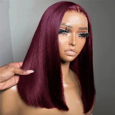 Red 99J Color Straight Short Bob Wig Human Hair 13x4 Transparent HD Lace Front Wigs Brazilian Burgundy Human Hair Wig For Black Women Natural Hairline Bleached Knots 150% Density 8Inch