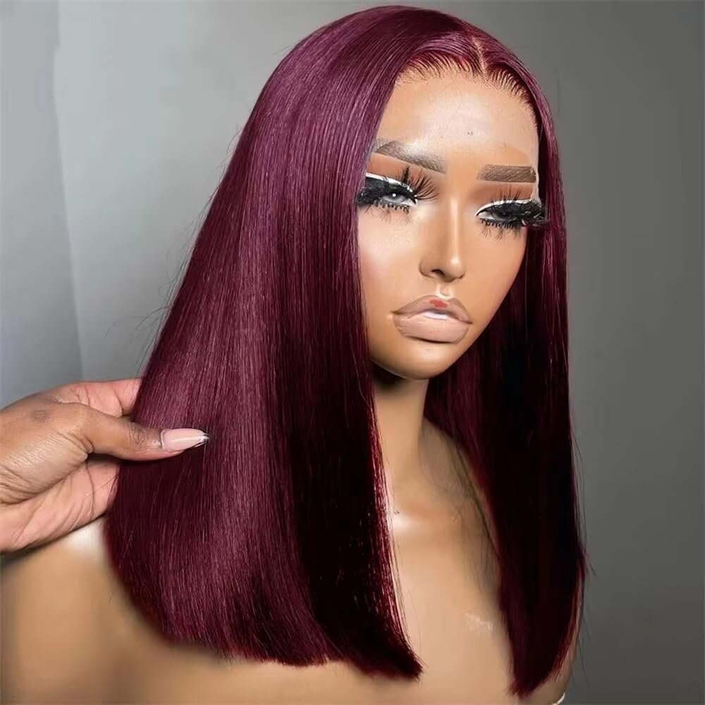 Red 99J Color Straight Short Bob Wig Human Hair 13x4 Transparent HD Lace Front Wigs Brazilian Burgundy Human Hair Wig For Black Women Natural Hairline Bleached Knots 150% Density 8Inch