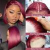 Red 99J Color Straight Short Bob Wig Human Hair 13x4 Transparent HD Lace Front Wigs Brazilian Burgundy Human Hair Wig For Black Women Natural Hairline Bleached Knots 150% Density 8Inch view 3