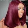 Red 99J Color Straight Short Bob Wig Human Hair 13x4 Transparent HD Lace Front Wigs Brazilian Burgundy Human Hair Wig For Black Women Natural Hairline Bleached Knots 150% Density 8Inch view 4