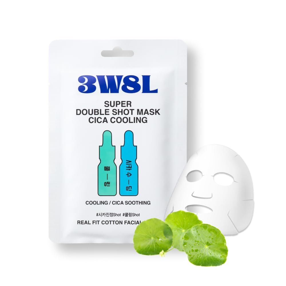 3words 8letters 3W8L [Super Double Shot] Face Mask Cica Cooling 0.91 fl oz | -5.3 C | Caming Essence | Heated Skin | Daily Facial Mask| Eco-friendly Pure Cotton Green Sheet Masks | Korean Skin Care