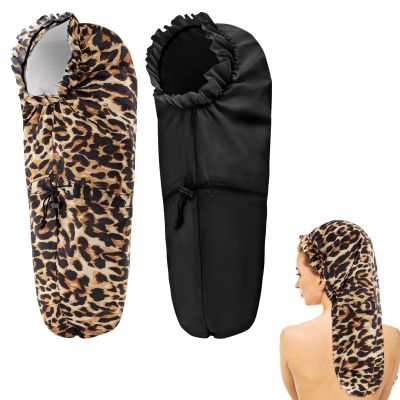 2 Pcs Large Shower Cap for Braids, Extra Long Shower Cap for Women Long Hair & Locs, Waterproof Hair Bonnets for Dreadlocks Drawstring Bath Caps for Women & Men (Black, Leopard)