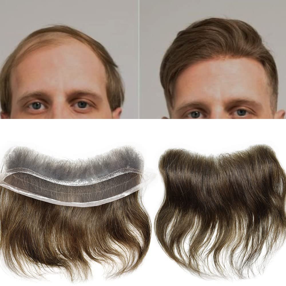 Curve Hair Mens Frontal Human Hair Piece Topper for Receding Hairline French Lace Front V-Shape Forehead Hair System Replacement for Men Poly Skin Pu Mens Hairline Natural (4cmX18cm, 4 Medium Brown)