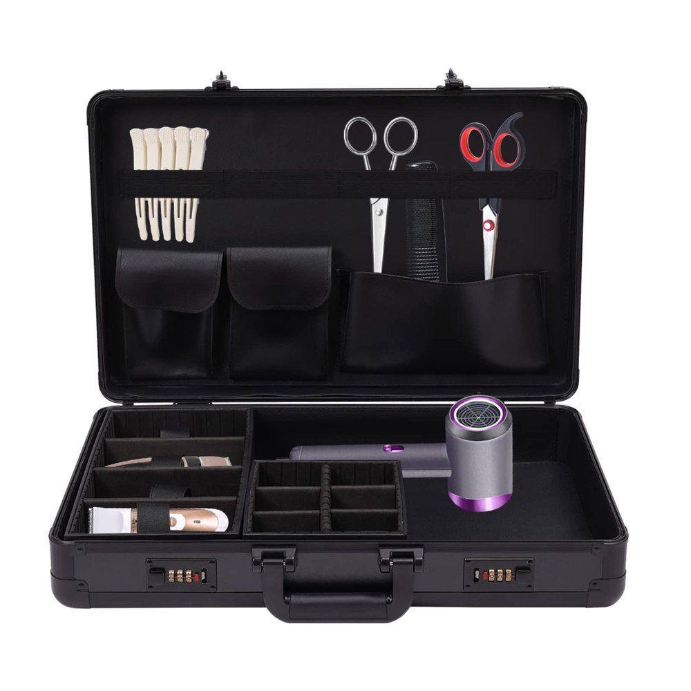 20.9"x13"x3.5" Professional Hairdressing Toolbox, Portable Barber Carrying Case with Lock Beauty Barber Case Travel Stylist Tool Box Organizer for Clippers and Supplies Barbers(Black)