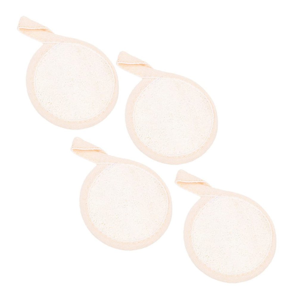 FOYTOKI 4pcs Round Exfoliating Loofah Sponges for Facial Cleansing Makeup Removal and Deep Pore Cleansing Gentle and Easy to Use Exfoliating Pads Elastic Band and Lanyard Design